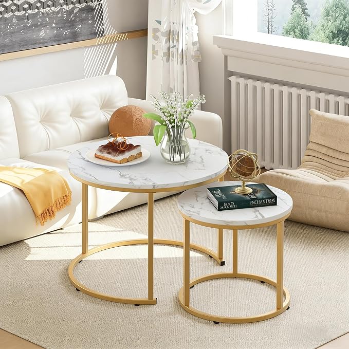aboxoo Coffee Table Nesting White Set of 2 Side Set Golden Frame Circular Round - Image 2