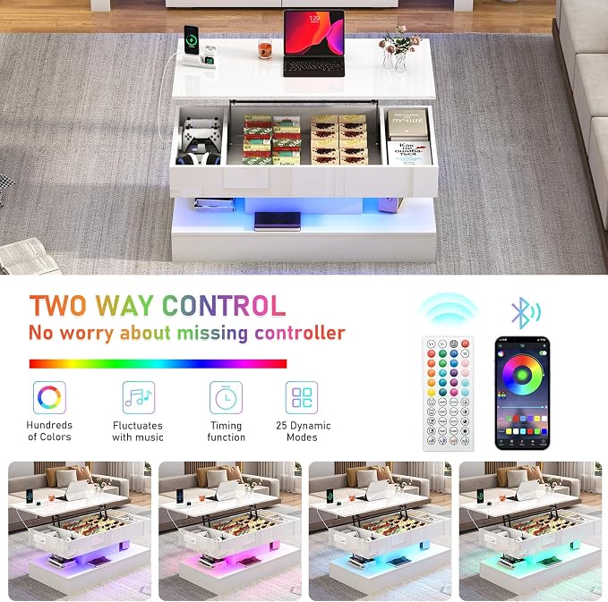 39.4" Large Lift Top Coffee Table, Modern High Glossy LED Coffee Tables - Image 6