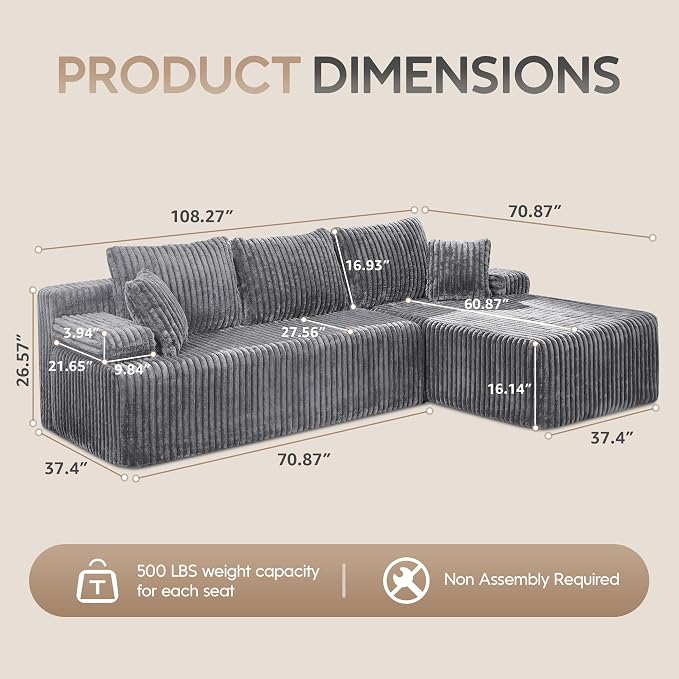 Hobestluk Modular Sectional Sofa Couches L-Shape Couch 3 Seat Modular Sofa - Image 2