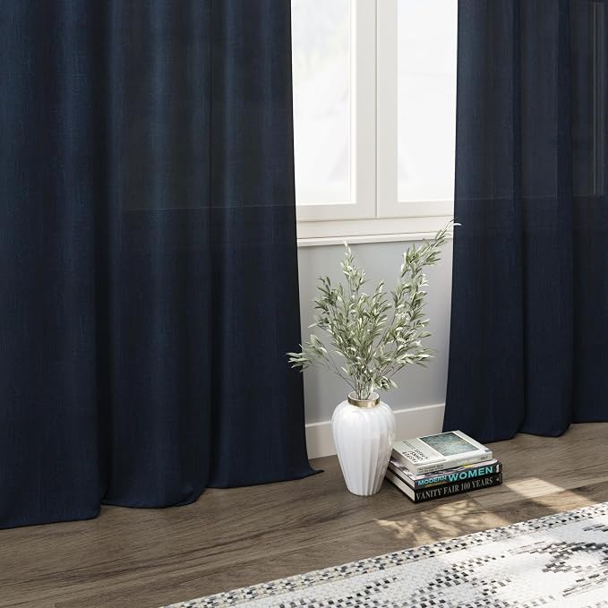 Navy Blue Boho Curtains for Bedroom Back Tab Rod Pocket Semi Sheer Linen - Image 6