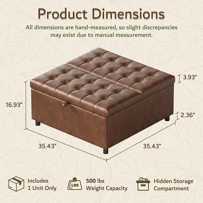 LINLUX Extra Large Leather Storage Ottoman, 35.5 Inch Large Square Lift Top - Image 2