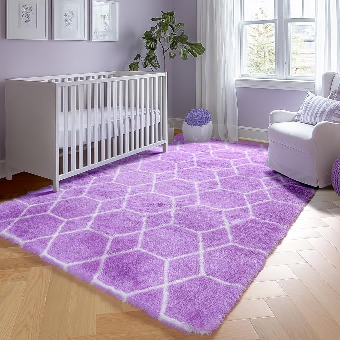 Area Rugs for Bedroom, 4x6 Fluffy Carpet Purple and White Geometric Rug | Boho - Image 8