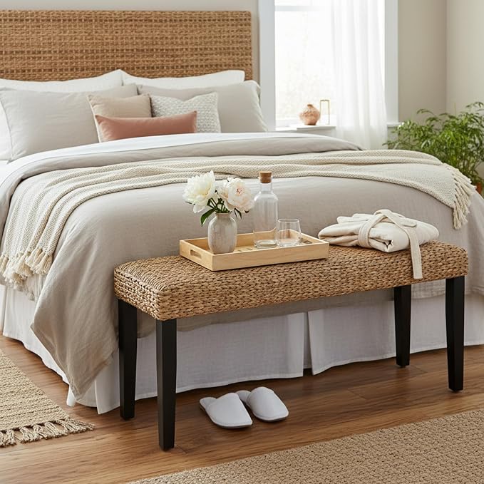 Entryway Bench with Solid Wood Acacia, Water Hyacinth Indoor Bench Seat - Image 8