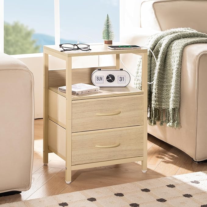 Yoobure Nightstand with Charging Station, Small Night Stand with Fabric Drawers - Image 2