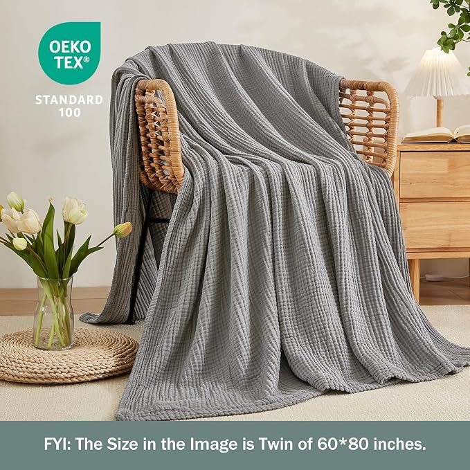 EMME Muslin Blankets for Adults Grey Small Blanket 40" x 50" | Throw Blanket - Image 4
