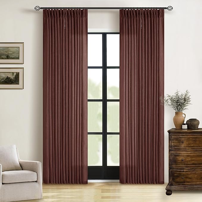 Dark Terracotta 80 Inch Pinch Pleated Linen Semi Sheer Curtains 2 Panels | by Twodrapes