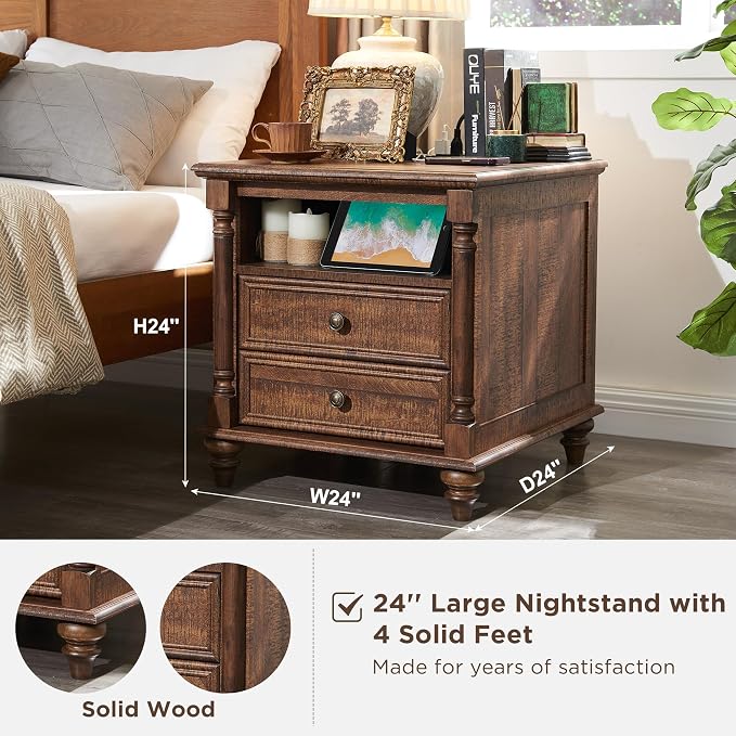 T4TREAM 24'' Farmhouse End Table w/4 Solid Wood Feet Set of 2, Large 2 Drawers - Image 3