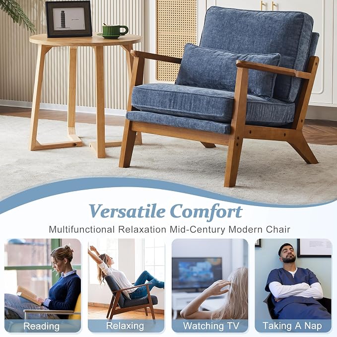 VINGLI Solid Wood Wide Armrests Accent Chair, Upholstered Mid Century Modern - Image 7