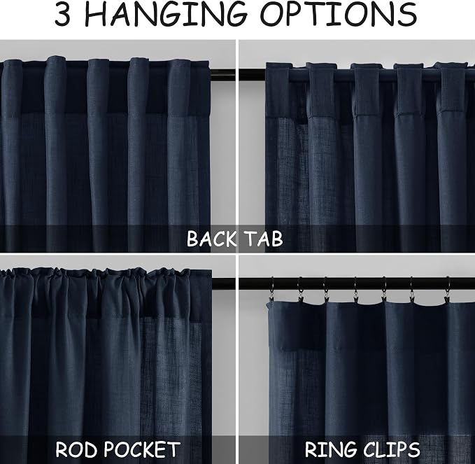 Navy Blue Semi Sheer Curtains 72 Inches Long 2 Panels Set - Image 3