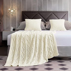 Homiest Cable Knit Throw Blanket & Pillow Set, Cream White Set of 3, Knitted - Image 5
