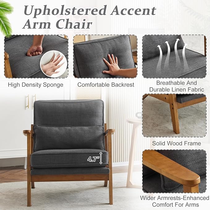 VINGLI Solid Wood Wide Armrests Accent Chair Set of 2, Upholstered Mid Century - Image 5