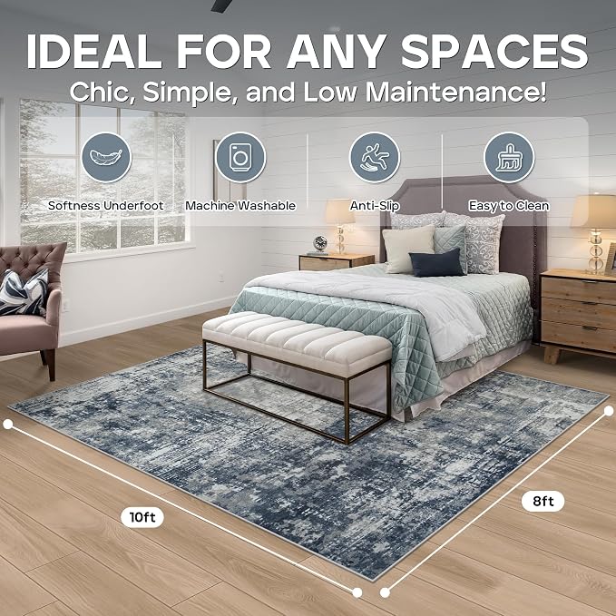 8x10 Area Rugs for Living Room Bedroom Dining Room Washable Blue Grey | Soft - Image 2