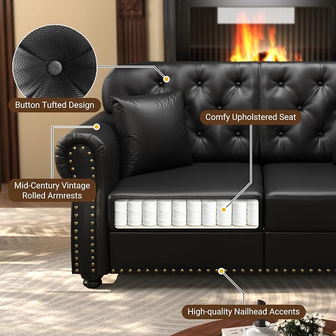 KEIKI 63" Faux Leather Chesterfield Sofa - Image 4