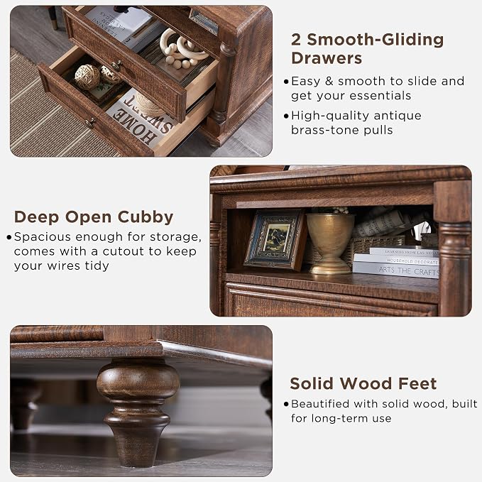 T4TREAM 24'' Farmhouse End Table w/4 Solid Wood Feet, Large 2 Drawers Wide Sofa - Image 4