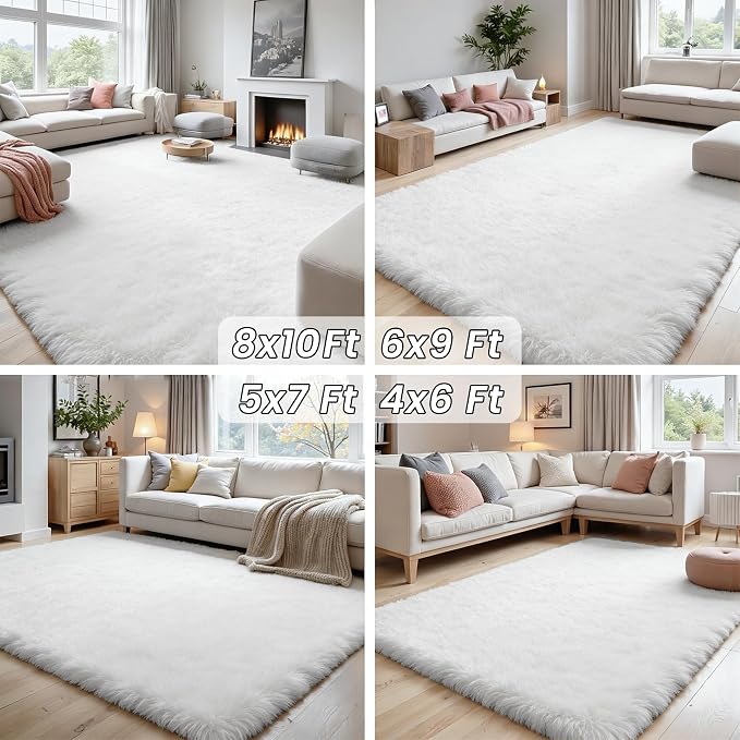 5x7 Fluffy Shag Area Rugs for Living Room Bedroom: Soft Plush Carpet White | - Image 7