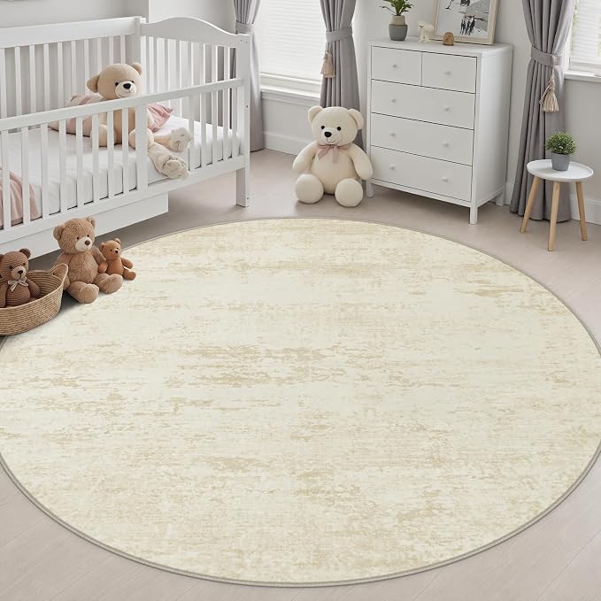 Round Area Rug Living Room: 6 ft Modern Washable Carpet Taupe | - Image 5