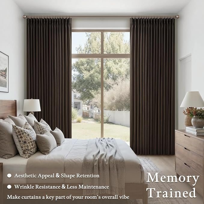Dark Chocolate Linen Pinch Pleat Semi Sheer Vintage Curtains 105 Inch Long | - Image 4