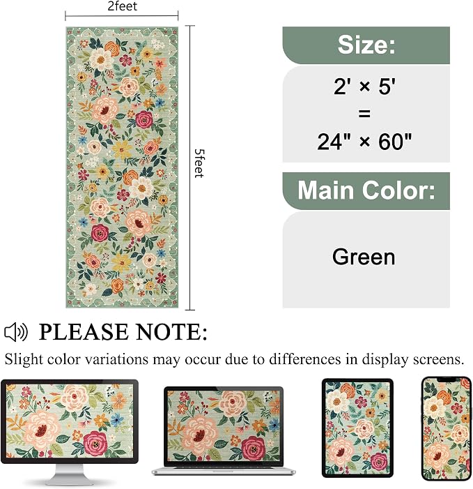 DUKINO 2x5 Runner Rug, Floral Washable Rug - Image 2