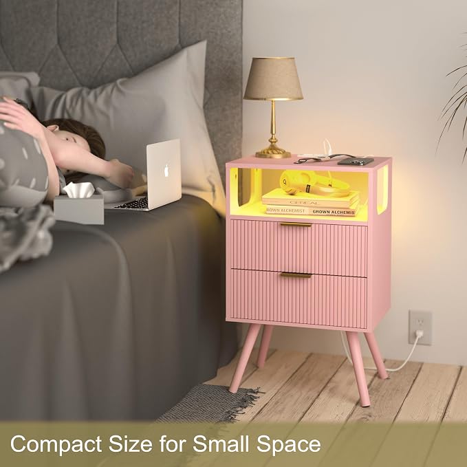 JOONEE Pink Nightstand with Charging Station and LED Lights, Modern Bedside - Image 6
