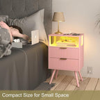 JOONEE Pink Nightstand with Charging Station and LED Lights, Modern Bedside - Image 6
