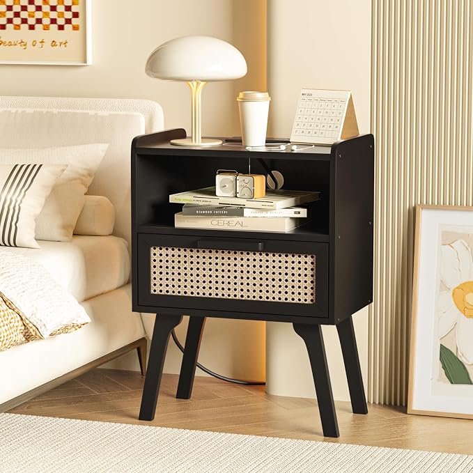 Lerliuo Rattan Nightstand with Charging Station, Cane Accent Side End Table - Image 4