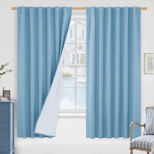 100% Blackout Blue Linen Curtains 63 Inches 2 Panels, 52 x 63 Inch | Room by LAMIT
