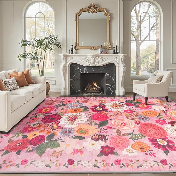 Pink Area Rug 9x12 for Living Room Bedroom | Low Pile; Non Slip;Machine by WelcometoBabovid