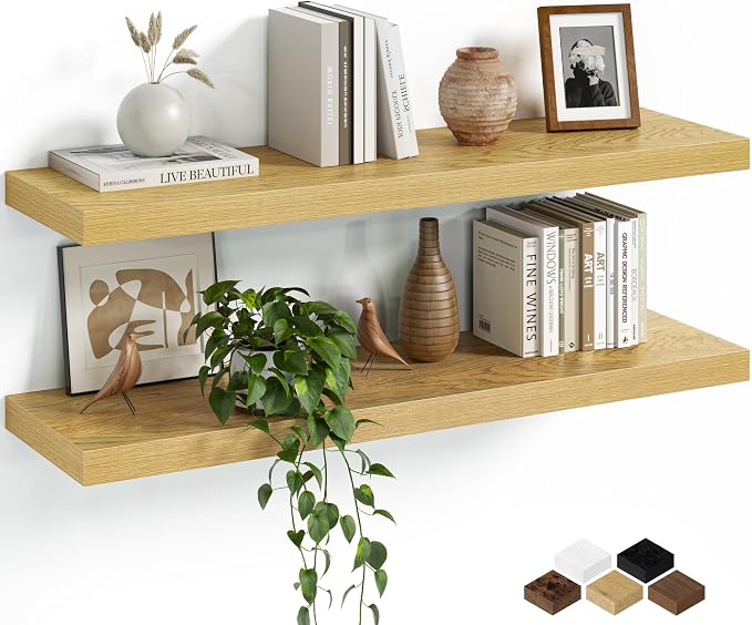 Fun Memories Floating Shelves for Wall, 32 Inch Set of 2 Rustic Wood Wall by FunMemories