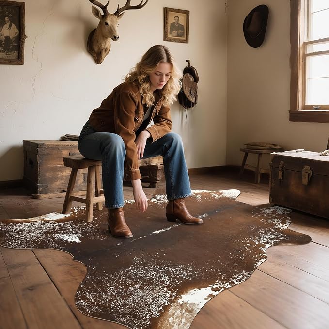 Faux Cowhide Rug, Animal Cow Hide Rug, 4.6 x 5.2 Ft Spotted Brown | Premium - Image 5