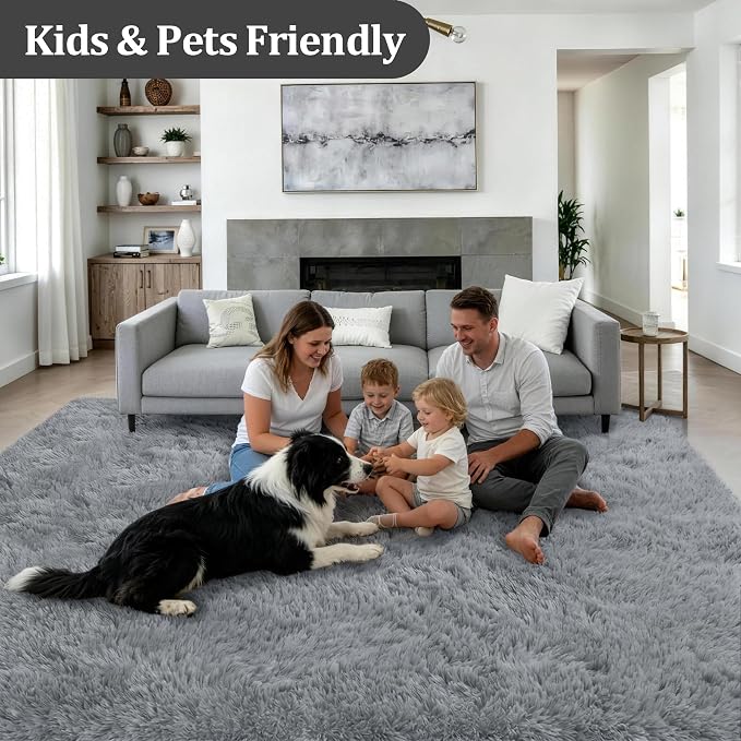 Area Rug Living Room Bedroom: 4x6 Fluffy Plush Shag Carpet Gray | - Image 4