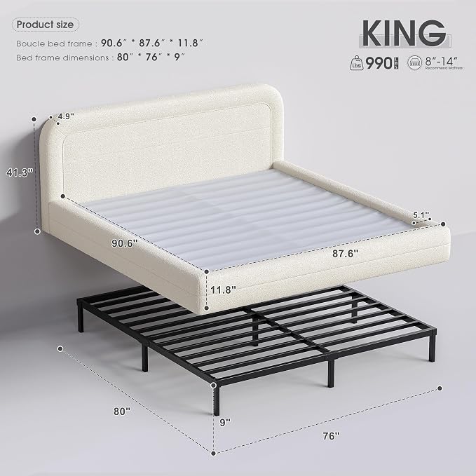 Homkdom Cloud Bed Frame and Headboard, Upholstered Soft King Size Bed Frame - Image 2