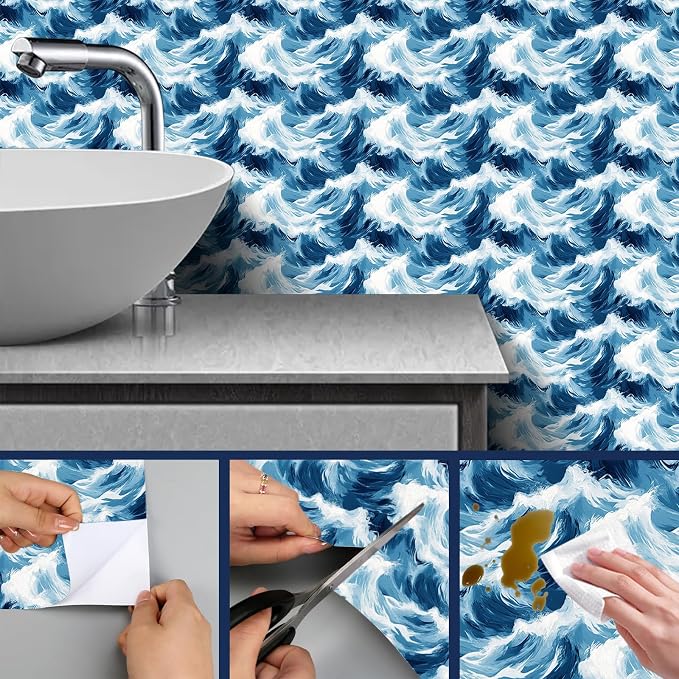 HOMETITUTE Blue Wave Pattern Wallpaper Peel and Stick Self Adhesive Vinyl Wall - Image 7