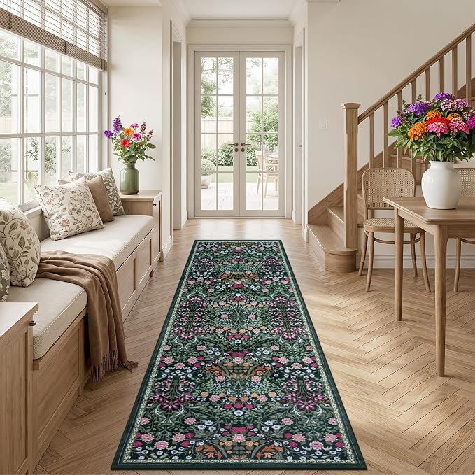PLHXFR 2.6x10 Washable Runner Rug：Floral Indoor Kitchen Carpet Dark Green | - Image 3