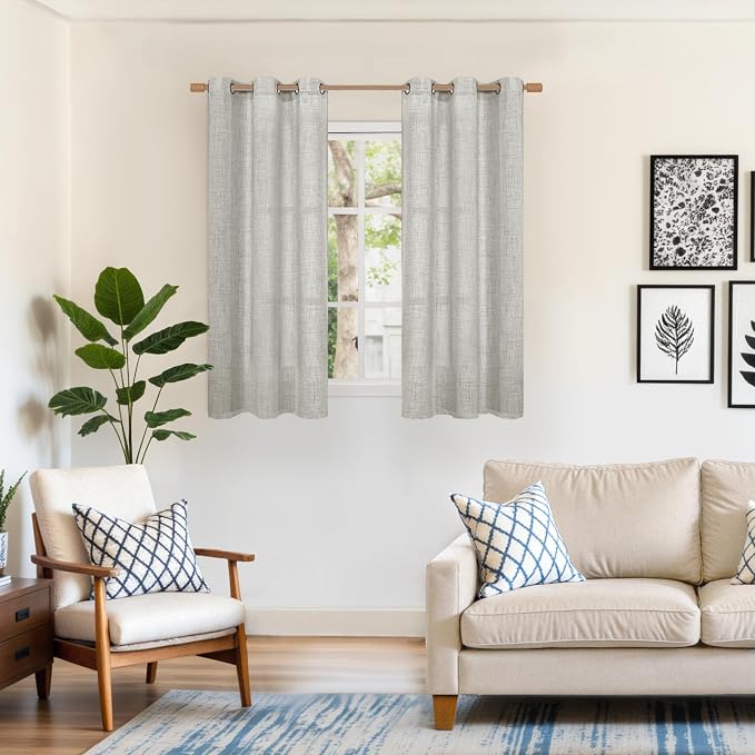 YoungsTex Light Grey Linen Semi Sheer Curtains 54 Inch Length 2 Panels | Light - Image 2