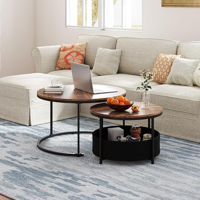 Tangkula Round Nesting Coffee Table Set of 2, Wooden Center End Table - Image 2