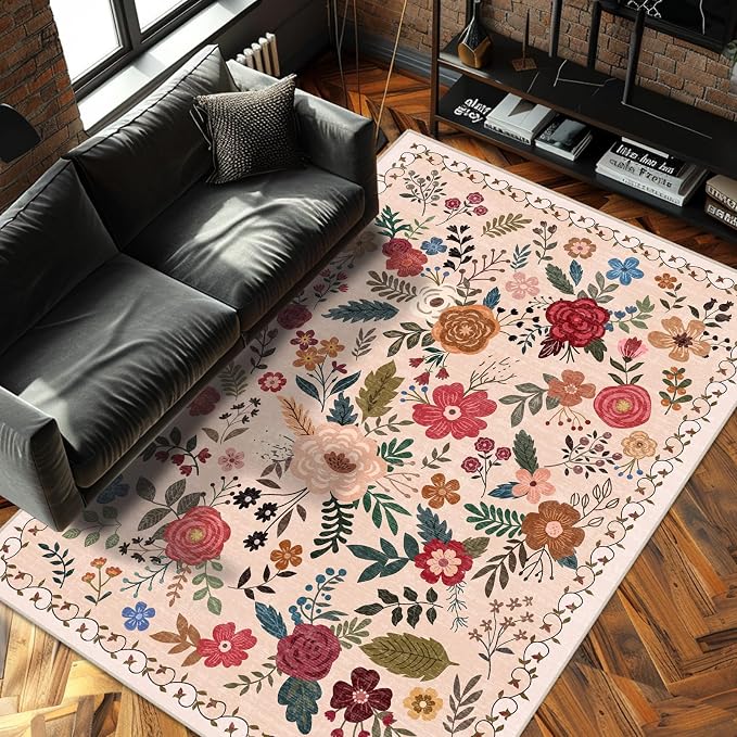 6x9 Area Rugs for Living Room Clearance Washable Boho Area Rug, Vintage Floral - Image 2