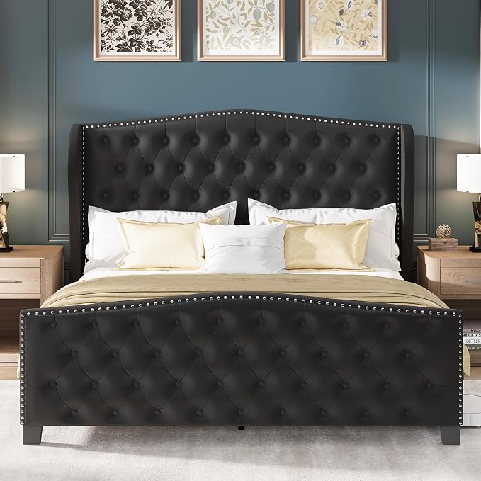 LARMACE Queen Size Bed Frame Velvet Upholstered Platform Bed - Image 7