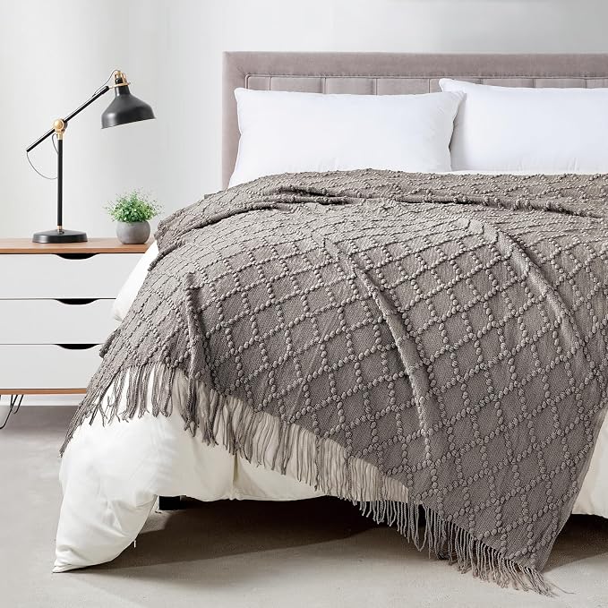 BOURINA Dark Grey Throw Blanket 50 x70 Inches Jacquard Argyle Throw Textured by BOURINA