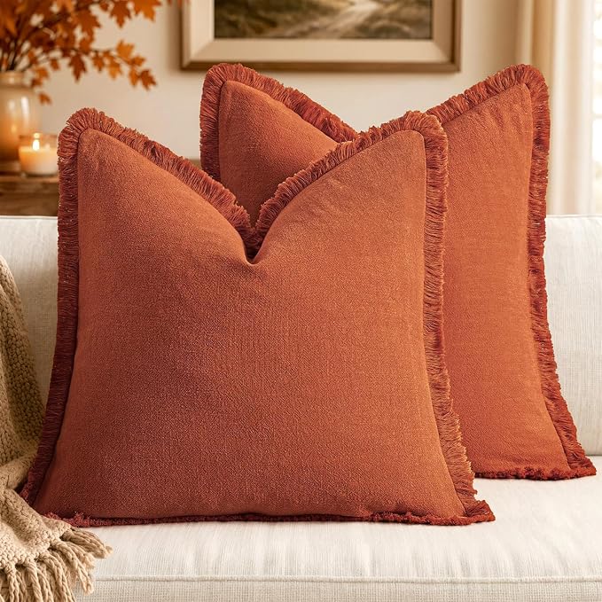 MIULEE Linen Fringe Decorative Fall Throw Pillow Covers Burnt Orange 20x20 | by MIULEE