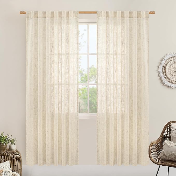 Beige Faux Linen Curtains for Doorway Living Room 2 Panels Set | 80 Inch Faux by LAMIT