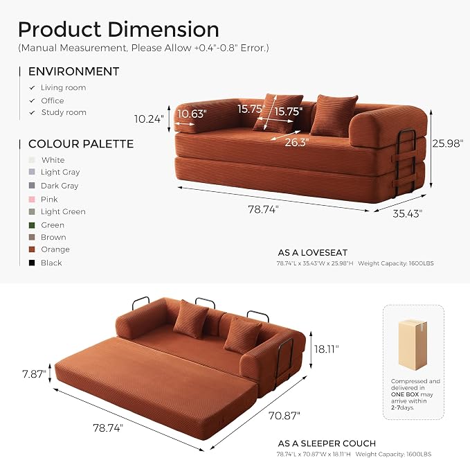 79" Convertible Sofa Bed with Fixed-Shape Frame & Removable Armrests, Modular - Image 2