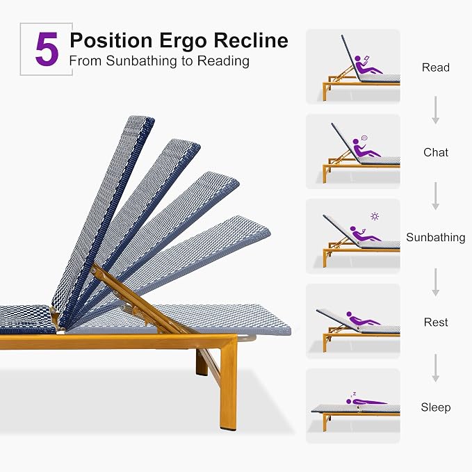 PURPLE LEAF Patio Chaise Lounge French Outdoor Lounger 2 Pieces Wood-Grain - Image 9