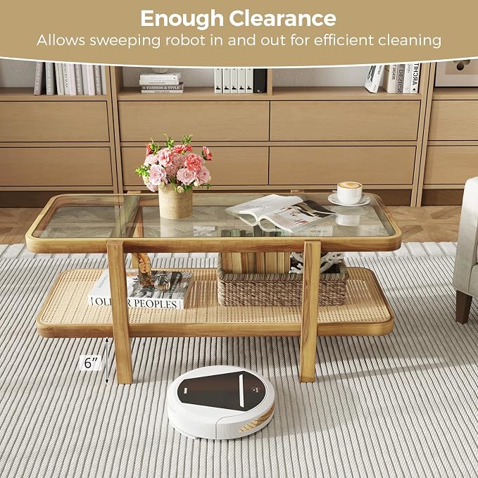 Giantex Rattan Coffee Table, 47.5" Rectangle Solid Wood Tea Table w/Tempered - Image 5
