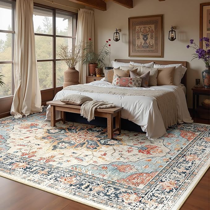 RELEANY Washable Area Rug, Water Repellent, Pet Friendly, Vintage Floral Boho - Image 2