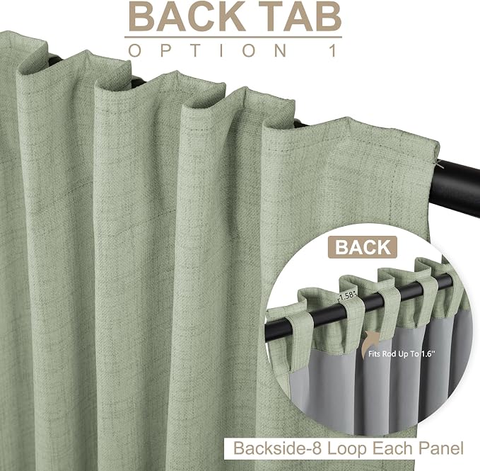 Faux Linen Total Blackout Sliding Door Curtains 90 Inches Long, Sage Green | - Image 3