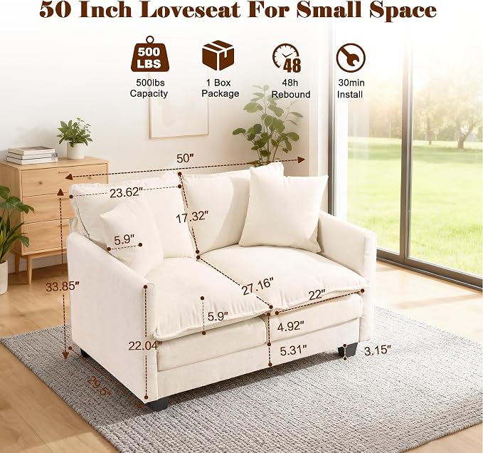 Loveseat Sofa Cloud Sofa Couch 50'', Modern Loveseats 2 Seat Couch 27" Deep Seat - Image 2