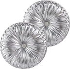 HIG Set of 2 Silver Metallic Leather Decorative Round Pleated Throw Pillows | - Image 2
