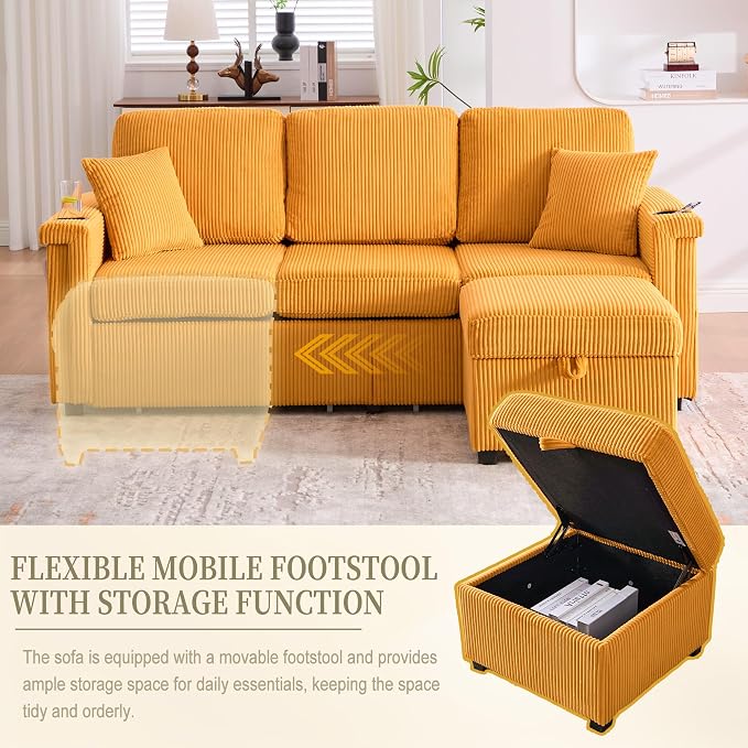 L-Shaped Sectional Sofa with Storage & Movable Ottoman, Corduroy 3 Seater - Image 8