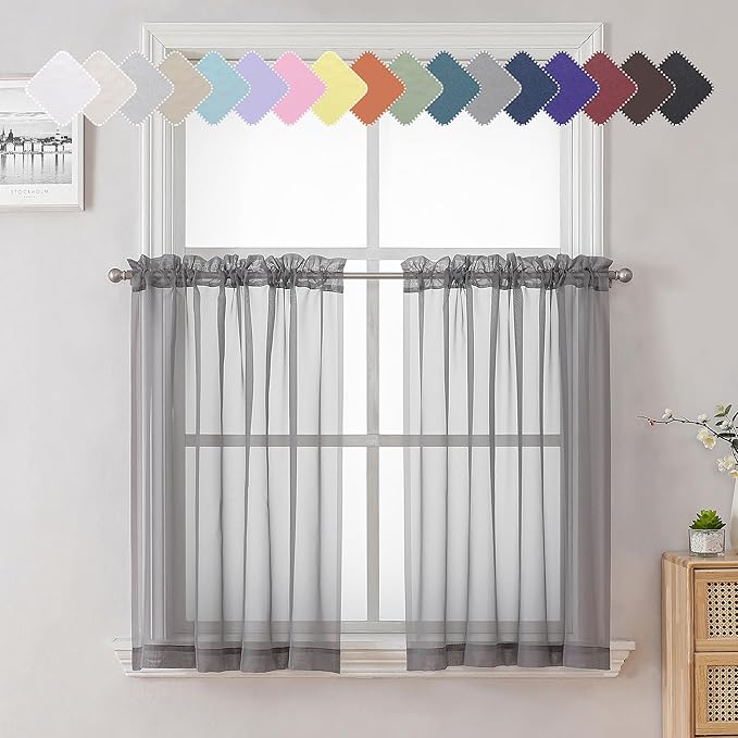 Charcoal Grey Sheer Kitchen Curtains 36 Inch Length 2 Pcs, Sheer Voile Curtain by Lecloud