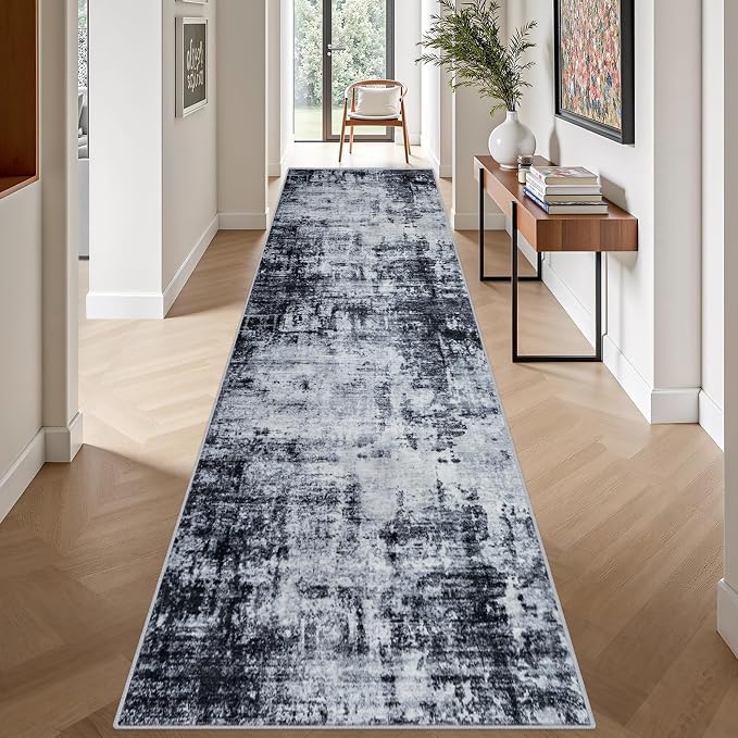 3x14 Washable Runner Rug：Modern Abstract Soft Carpet Dark Black | - Image 4